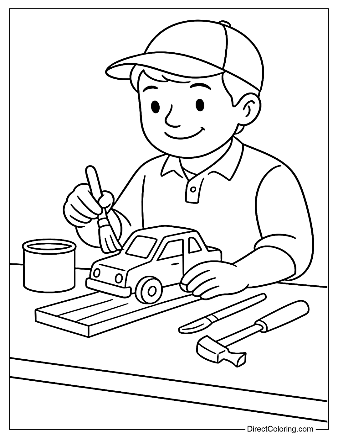 Coloring page of a carpenter coloring a wooden toy car that has just been completed.